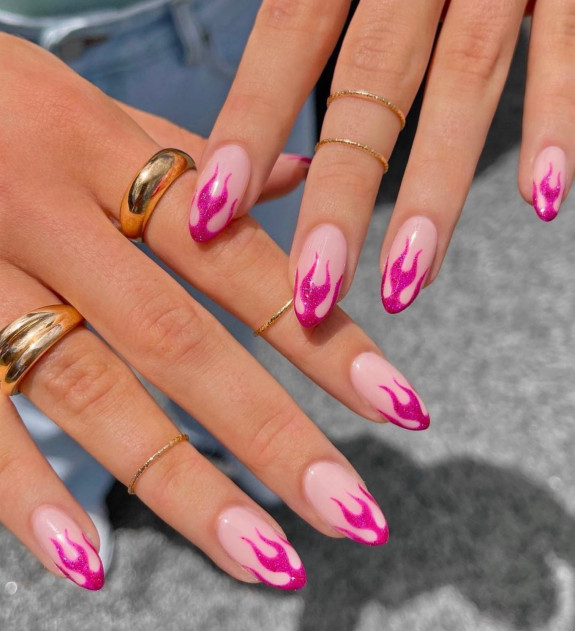 50+ Jaw-Dropping Hot Pink Nails For Summer — Shimmery Hot Pink Hot Flame Tip Nails