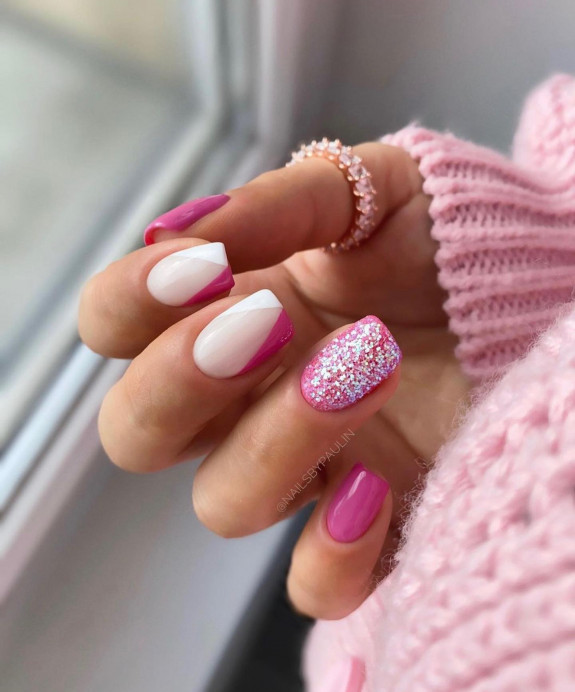 50+ Jaw-Dropping Hot Pink Nails For Summer — Glittery, Hot Pink and White Nails