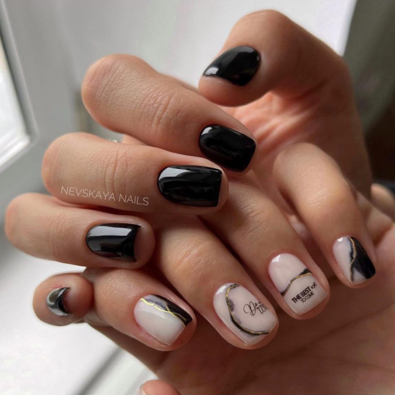 60+ Charming Black Nail Ideas — White Smoky + Black Nails