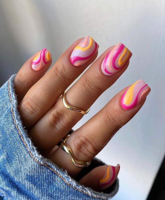 50+ Jaw-Dropping Hot Pink Nails For Summer — Orange and Hot Pink Swirl Square Nails