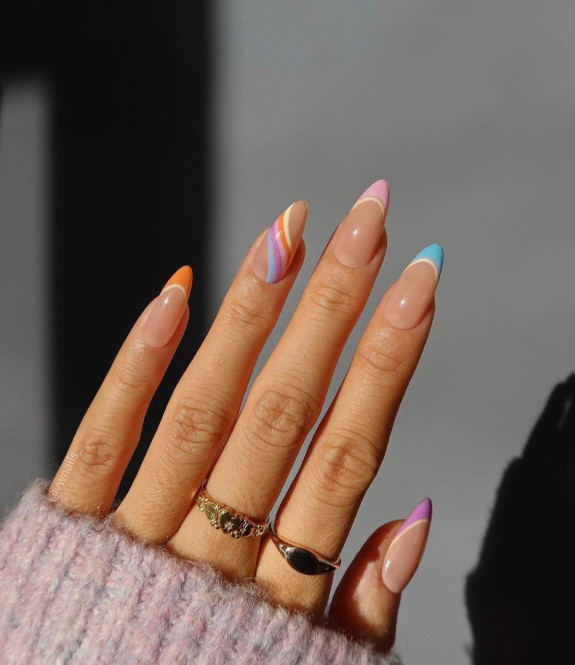 40+ Trendy Summer Almond Nail Designs — Pastel Rainbow Swirl & French