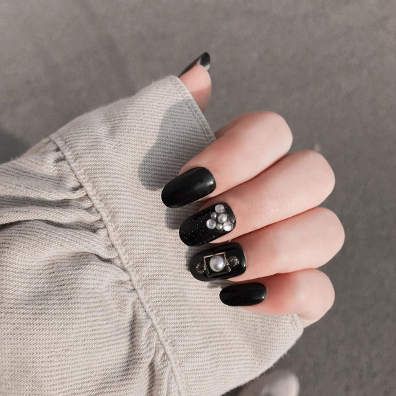 60+ Charming Black Nail Ideas — Pearl Embellishment Black Nails