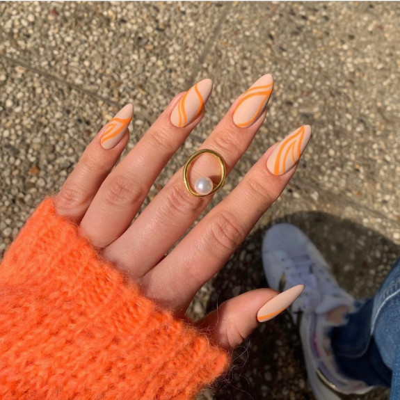 40+ Trendy Summer Almond Nail Designs — Orange Swirl Nude Almond Nails