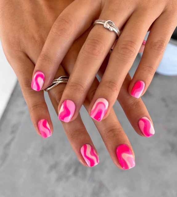 50+ Jaw-Dropping Hot Pink Nails For Summer — Swirl Rainbow Pink Nails