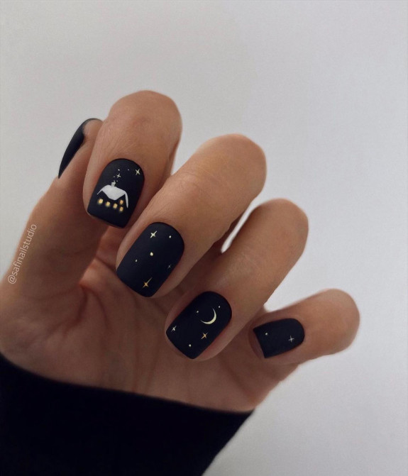 60+ Charming Black Nail Ideas — Starry Winter Night Black Nails