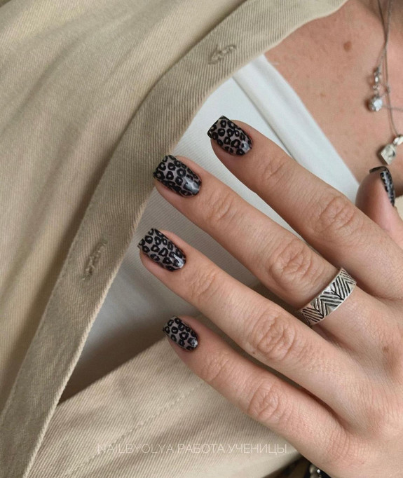 60+ Charming Black Nail Ideas — Black Leopard Sheer Nails