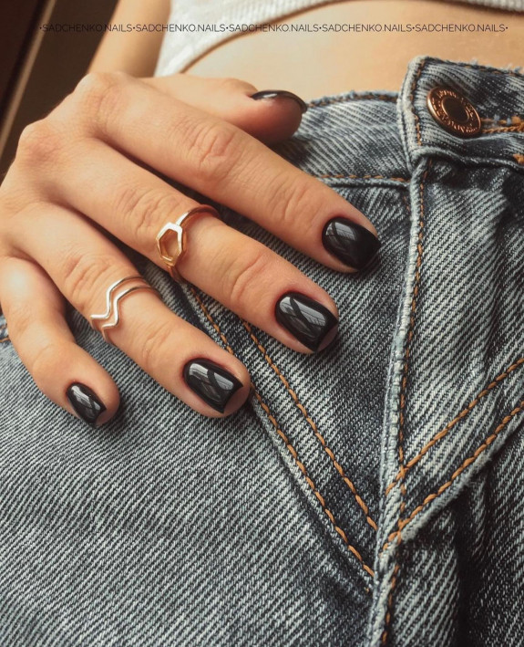 60+ Charming Black Nail Ideas — Black Tapered Short Nails