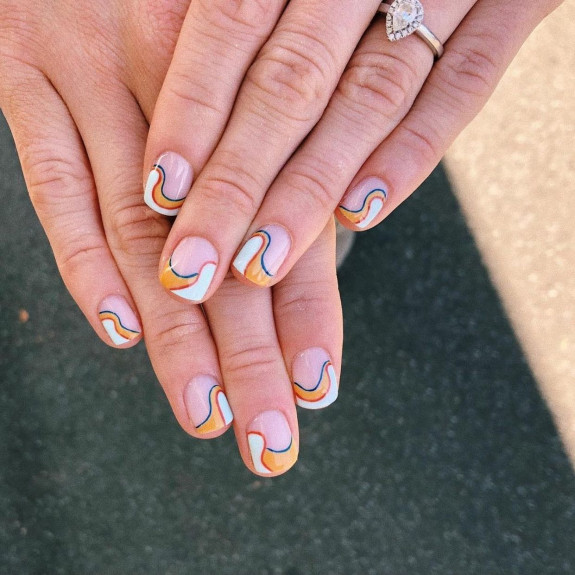 40+ Cute Short Nail Designs for 2022 — Blue, Peach and White Abstract Tip Nails