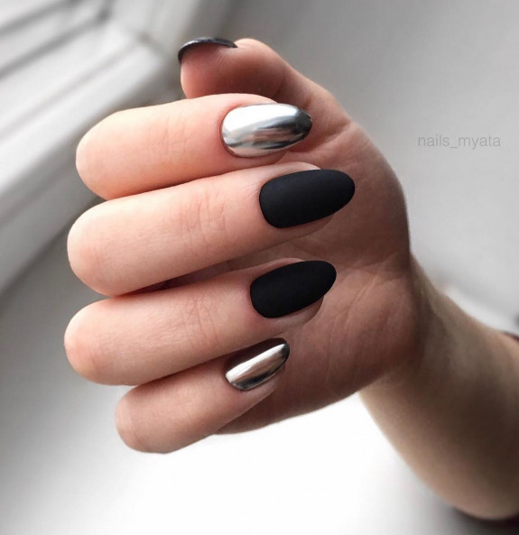 60+ Charming Black Nail Ideas — Silver Chrome + Matte Black Nails