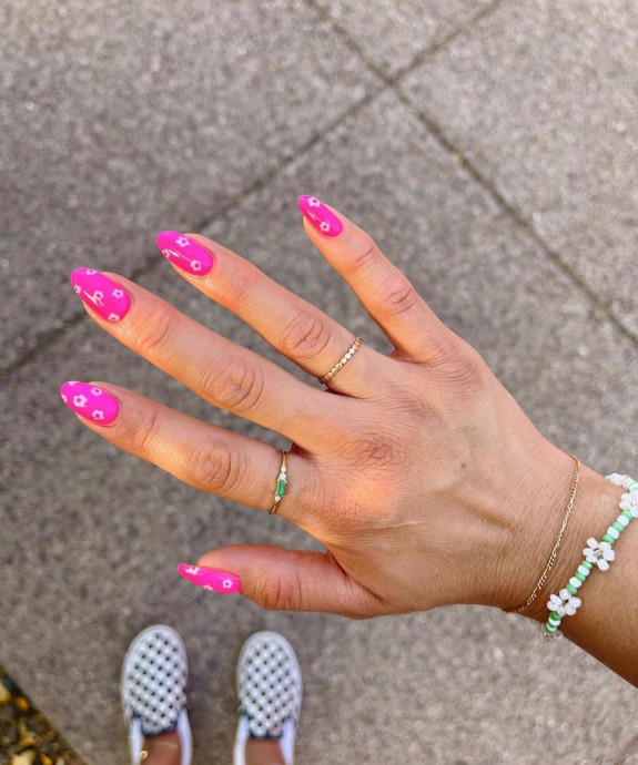 50+ Jaw-Dropping Hot Pink Nails For Summer — Hot Pink Almond Nails with White Daisy