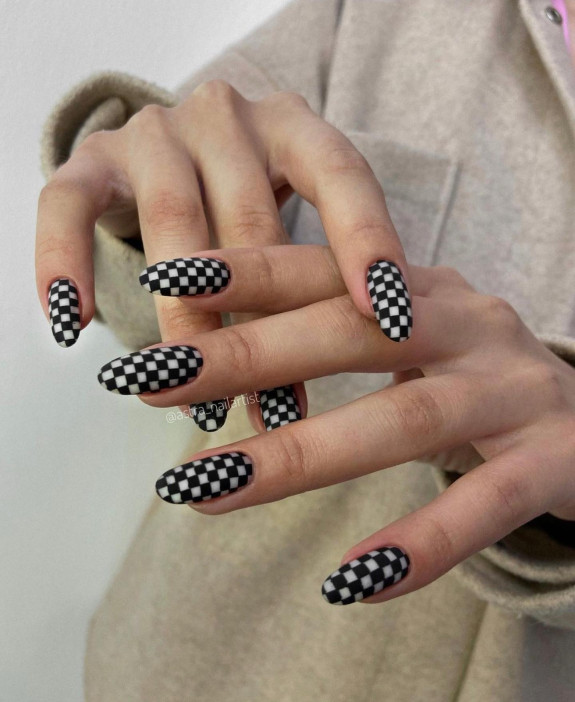 60+ Charming Black Nail Ideas — Black Checker Board Long Nails