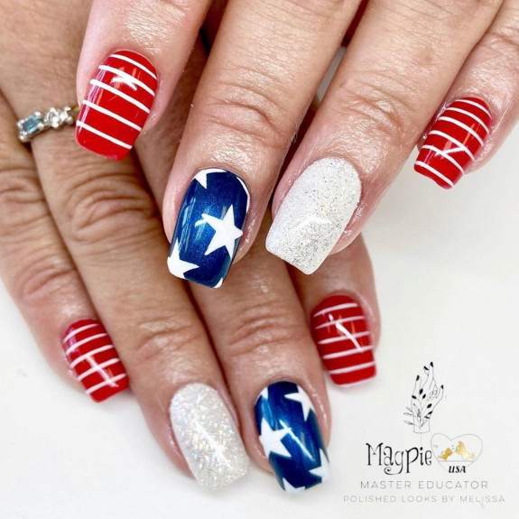 39 Best 4th Of July Nails To Rock The Day — White Star Blue + White Stripped Red Nails