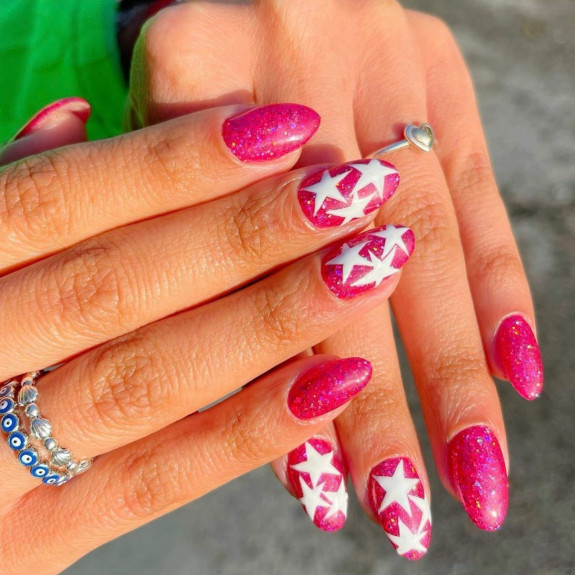 50+ Jaw-Dropping Hot Pink Nails For Summer — White Star Shimmery Hot