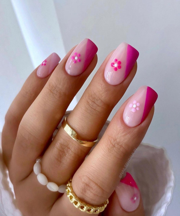 50+ Jaw-Dropping Hot Pink Nails For Summer — Flower + Hot Pink Side French Nails