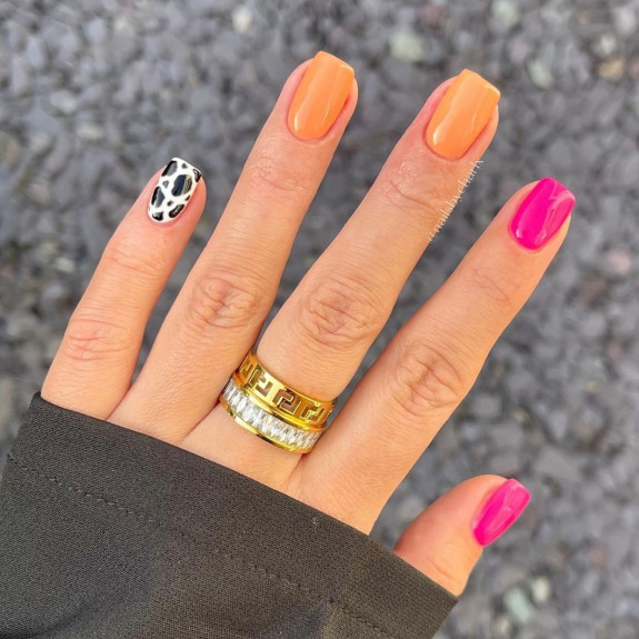 40+ Cute Short Nail Designs for 2022 — Cow Print, Orange and Pink Short Nails