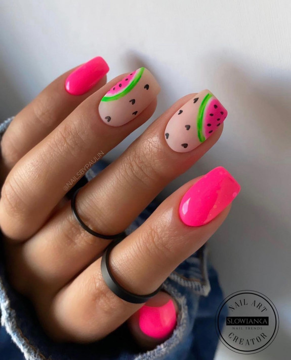 50+ Jaw-Dropping Hot Pink Nails For Summer — Watermelon Hot Pink Tapered Nails