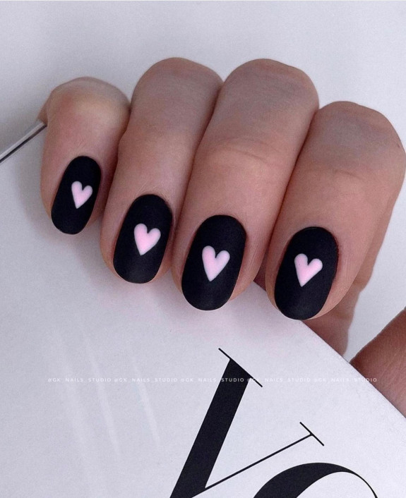 60+ Charming Black Nail Ideas — Soft Pink Love Heart Black Nails