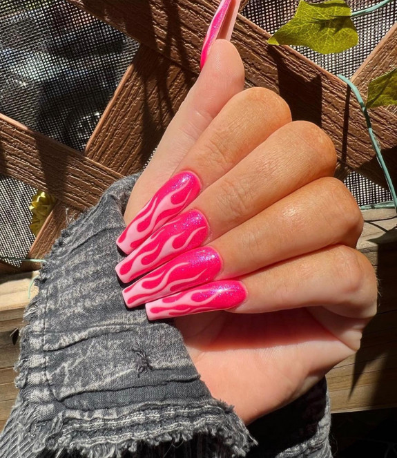 50+ Jaw-Dropping Hot Pink Nails For Summer — Pink Hot Flame Shimmery Hot Pink Nails