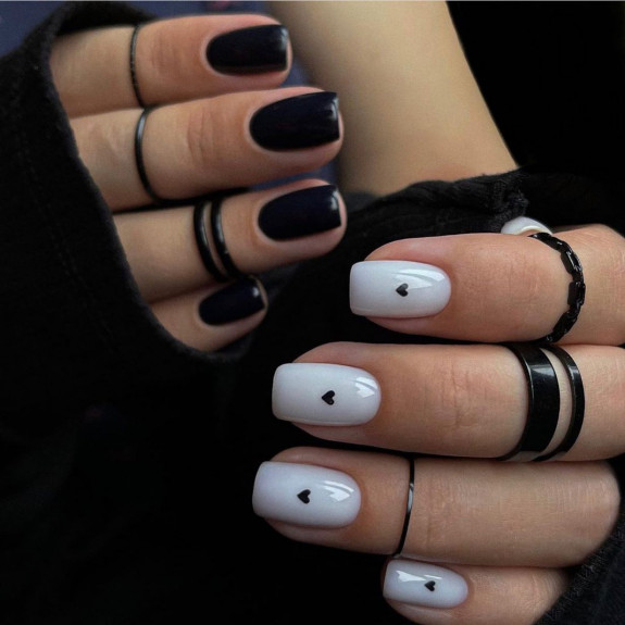 60+ Charming Black Nail Ideas — Black Heart White Nails