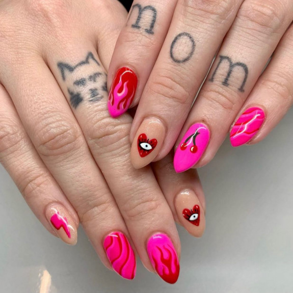 50+ Jaw-Dropping Hot Pink Nails For Summer — Mix n Match Hot Pink and Red Nails