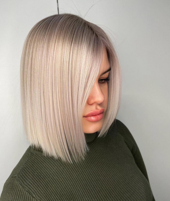 40 Trendy Bob and Lob Haircuts — Lob Platinum Blonde with Shadow Roots