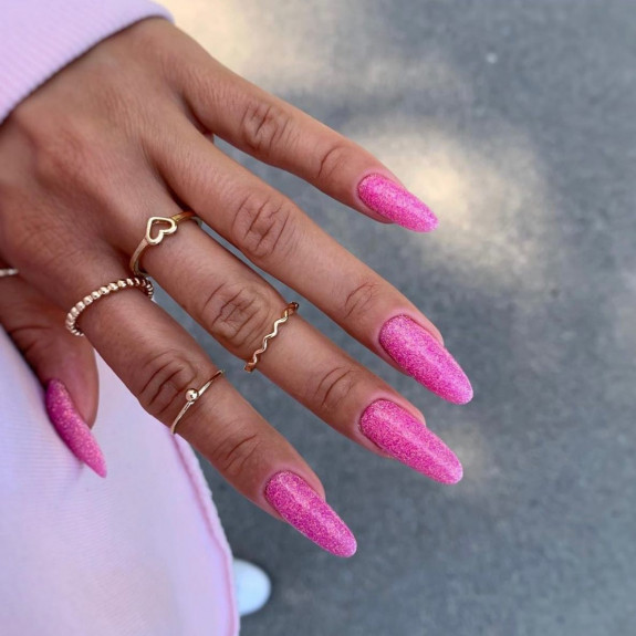 50+ Jaw-Dropping Hot Pink Nails For Summer — Shimmery Hot Pink Almond Nails