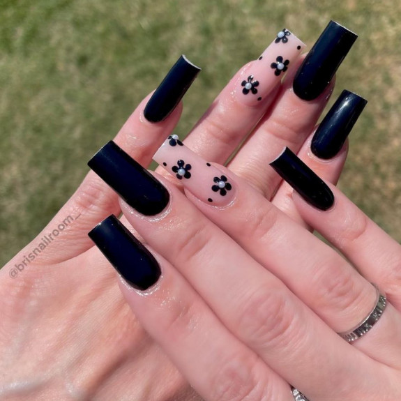 60+ Charming Black Nail Ideas — Black Flower Sheer Nails