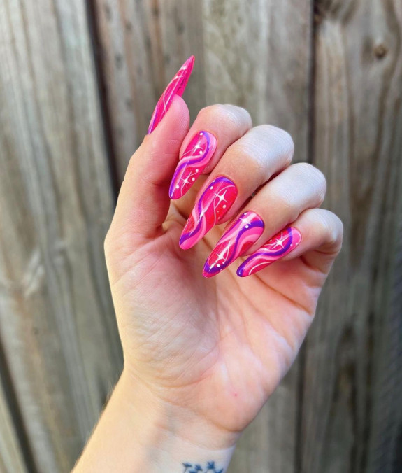 50+ Jaw-Dropping Hot Pink Nails For Summer — Sparkles + Swirl Hot Pink Almond Nails