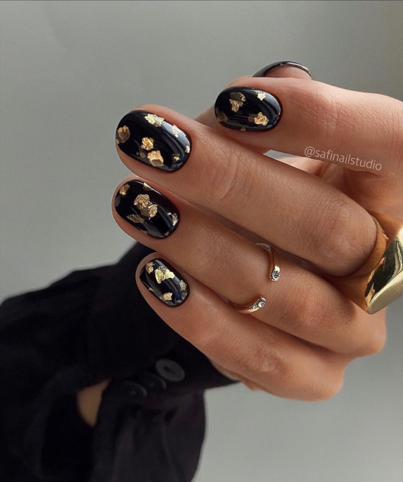 60+ Charming Black Nail Ideas — Gold Foil Black Nails