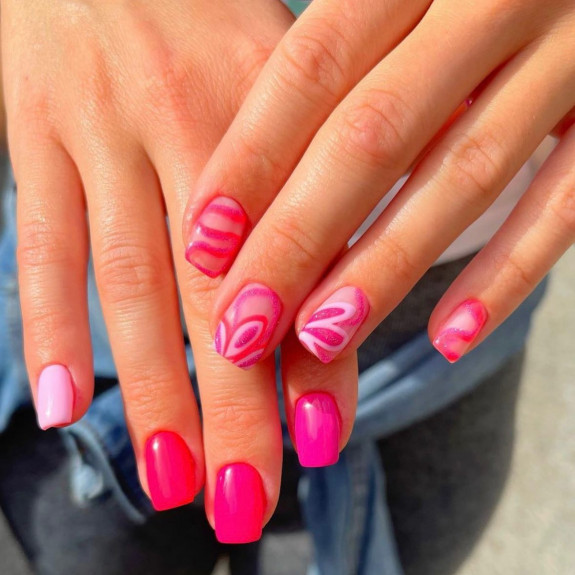 50+ Jaw-Dropping Hot Pink Nails For Summer — Shimmery Flower Hot Pink Nails