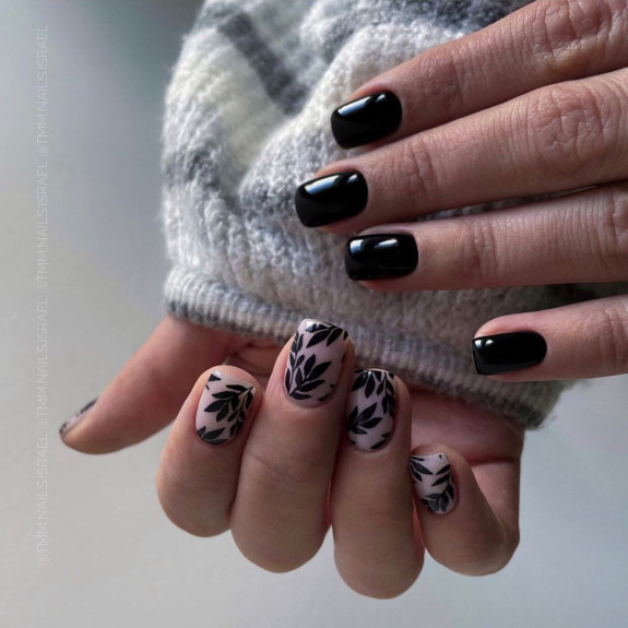 60+ Charming Black Nail Ideas — Black Leave + Black Glossy Nails