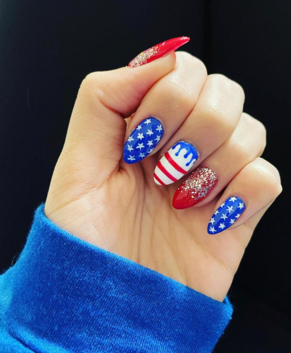 39 Best 4th Of July Nails To Rock The Day — Glitter Red, Red Strip +White Star Blue Nails