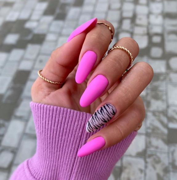 50+ Jaw-Dropping Hot Pink Nails For Summer — Zebra Print + Hot Pink Almond Nails