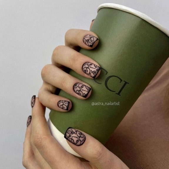 60+ Charming Black Nail Ideas — Black Abstract Face Nails