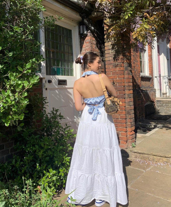 50 Cute Summer Dress Ideas to Wear in 2022 — Blue Tie Back + White Tier Skirt