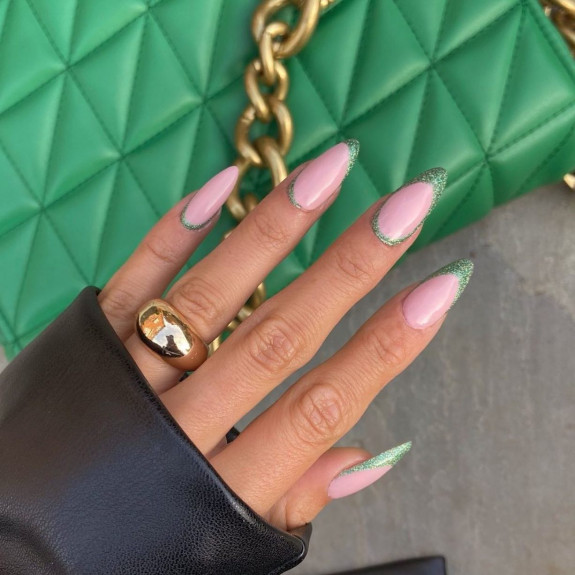 40 Best June Nail Designs — Green Glitter Almond Nail Art