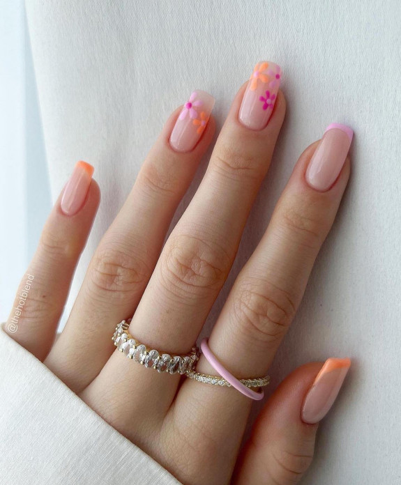 40 Best June Nail Designs — Orange and Pink Flower Nail Art