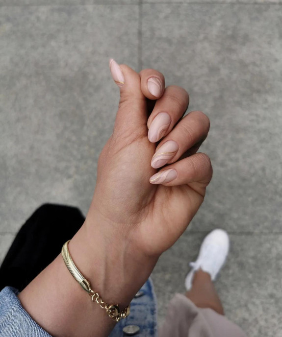 40 Best June Nail Designs — Nude Swirl Almond Nails Design