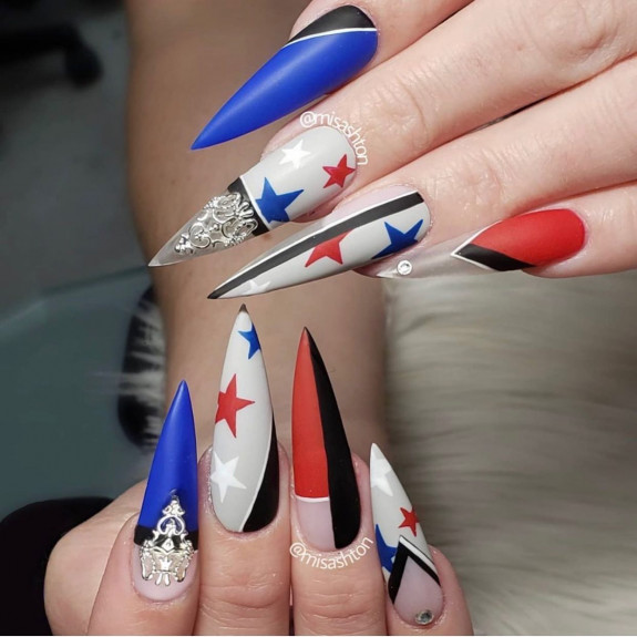 39 Best 4th Of July Nails To Rock The Day — Blue, Red and White Stiletto Nails