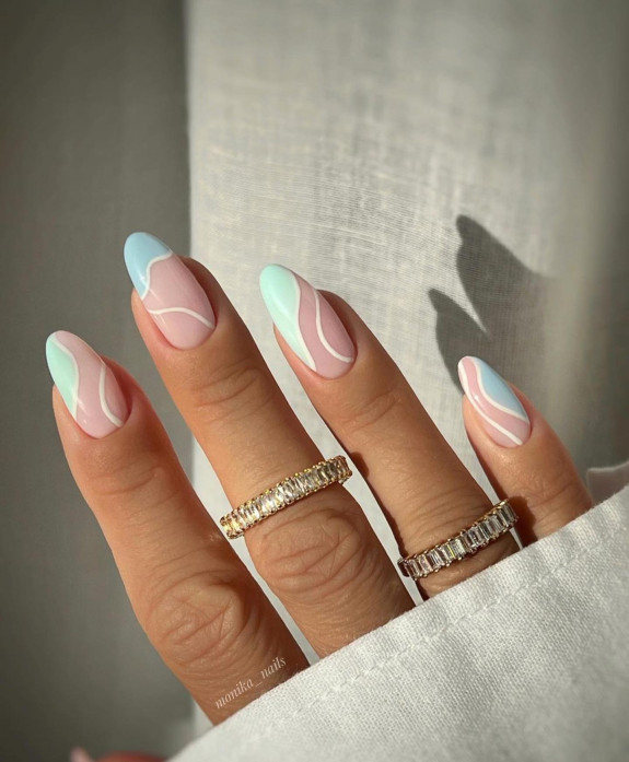 40 Best June Nail Designs — Mint and White Abstract + Swirl Nail Art