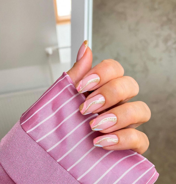 40 Best June Nail Designs — Pink, Glitter and White Swirl Nail Art