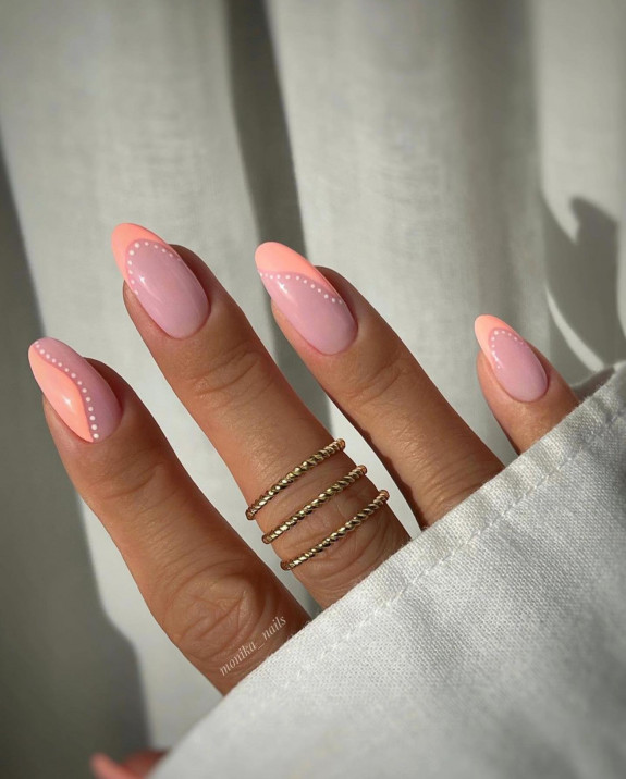 40 Best June Nail Designs — Peach + White Dot Nail Art