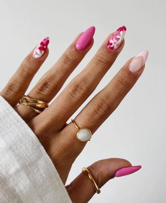 40 Best June Nail Designs — Pink and White Flower Almond Nail Art