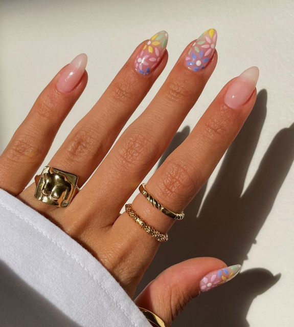 40 Best June Nail Designs — Pastel Flower Sheer Nail Art