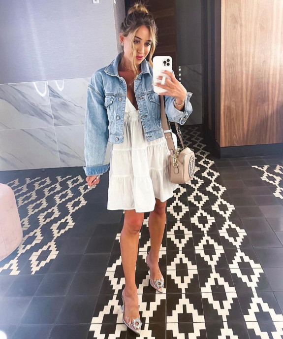 50 Cute Summer Dress Ideas to Wear in 2022 — White Tier Dress + Denim Jacket