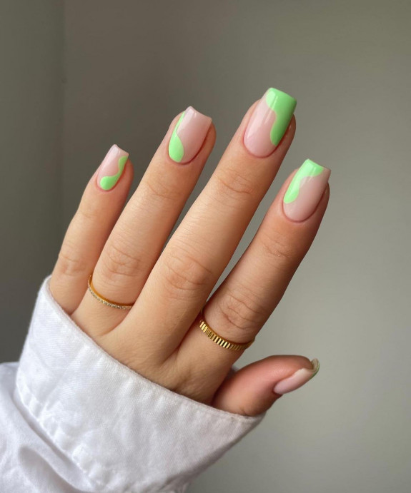 40 Best June Nail Designs — Pastel Green Abstract Nude Base Nail Art