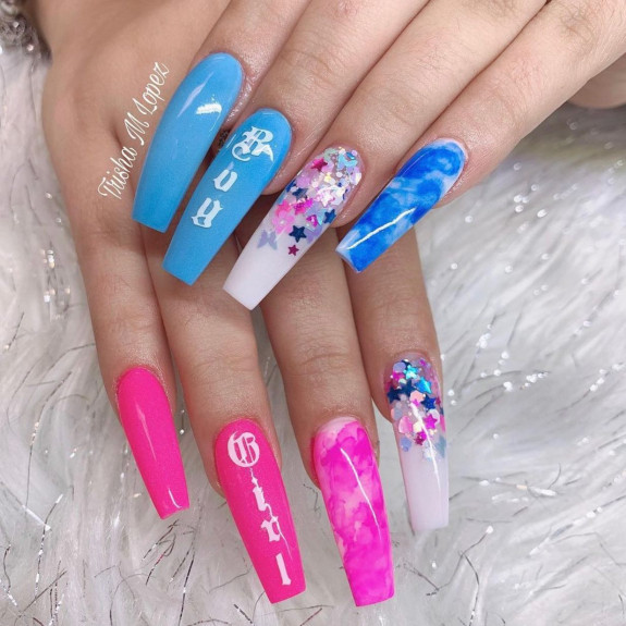 36 Gender Reveal Nail Ideas — Bright Blue and Hot Pink Coffin Nails