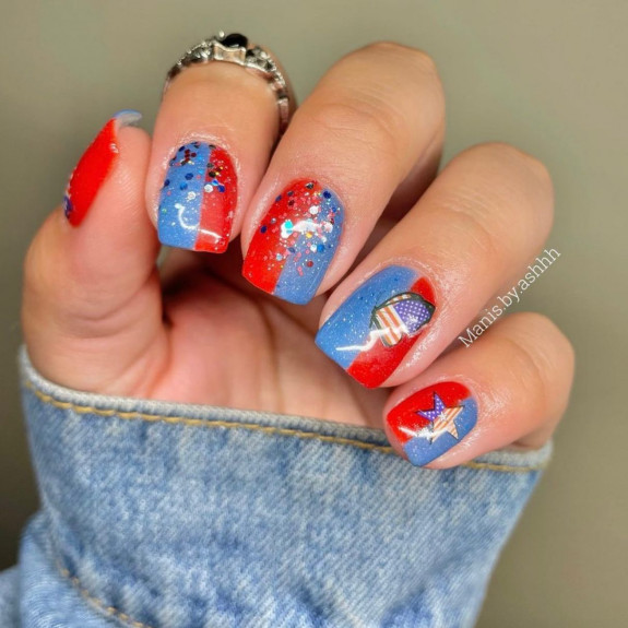 35 Memorial Day Nail Art Designs — Half Blue Half Red with Confetti Nail Art