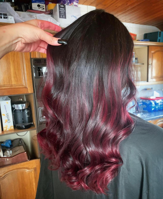 35 Plum Black Hair Color Ideas — Red Plum Long Wavy Hair