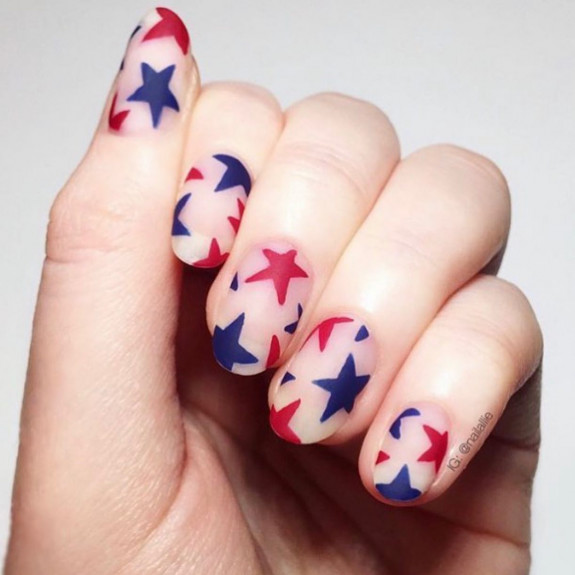 35 Memorial Day Nail Art Designs — Blue and Red Star Matte Translucent Nails